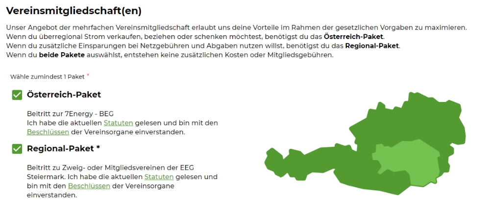 EG Austria Anmeldeformular 3. Schritt mit Paketauswahl