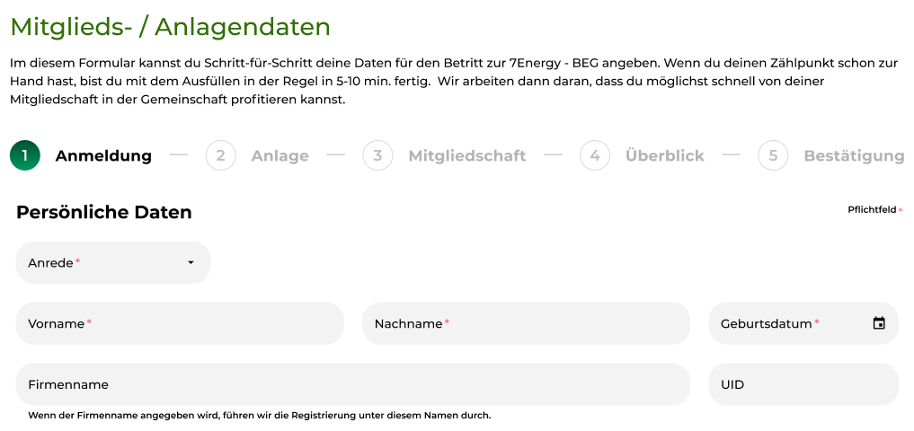 Neues Anmeldeformular für die 7Energy - BEG