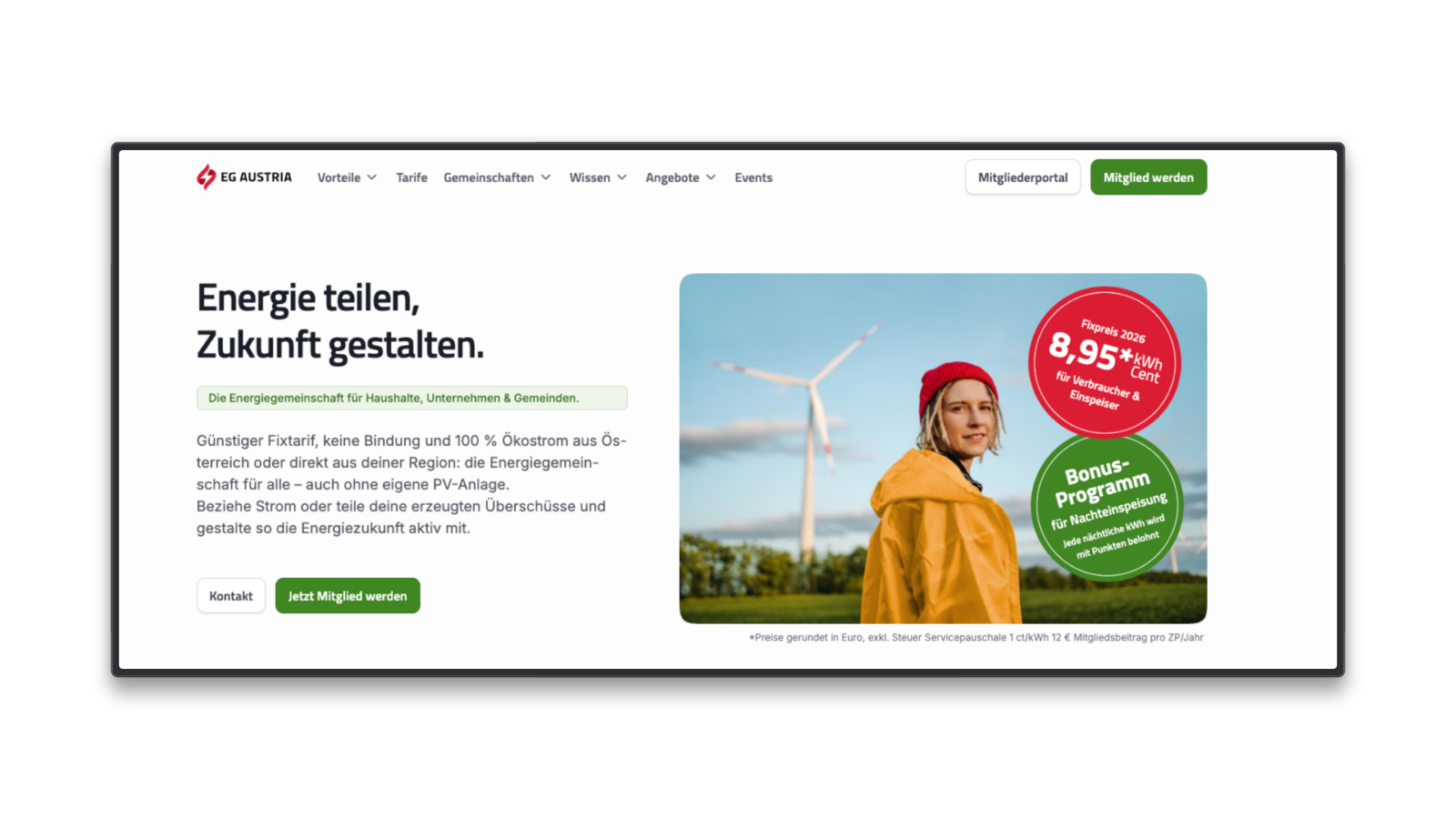 Darstellung der neuen EG Austria Website mit Informationen rund um Energiegemeinschaften in Österreich