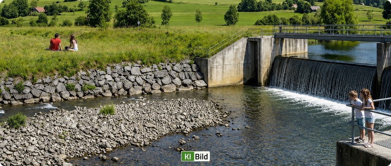 Menschen an einem Kleinwasserkraftwerk in österreichischer Landschaft als Symbol für eine Bürgerenergiegemeinschaft und erneuerbare Energie